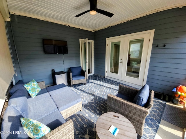 view of patio / terrace with french doors, ceiling fan, and an outdoor hangout area