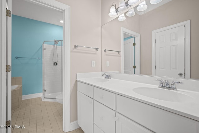 full bathroom featuring independent shower and bath, a chandelier, tile patterned flooring, vanity, and toilet