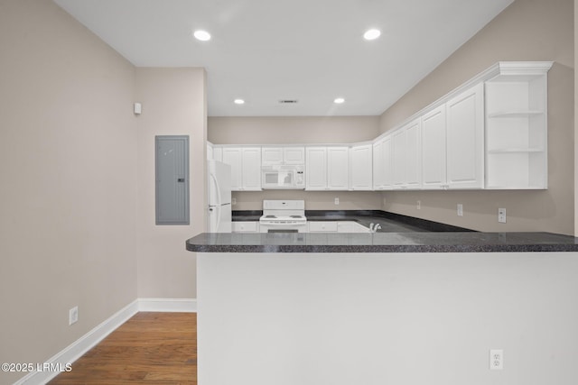 kitchen with white cabinetry, electric panel, white appliances, and kitchen peninsula