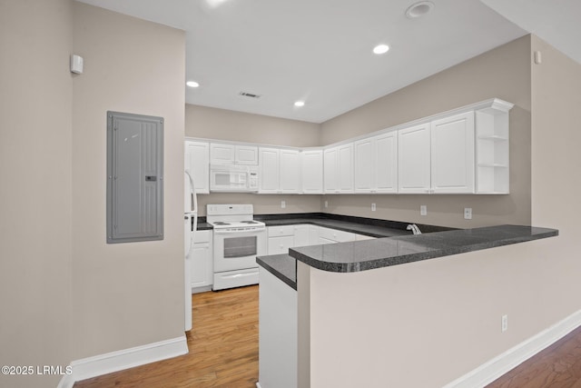 kitchen with white cabinetry, electric panel, kitchen peninsula, white appliances, and light hardwood / wood-style flooring