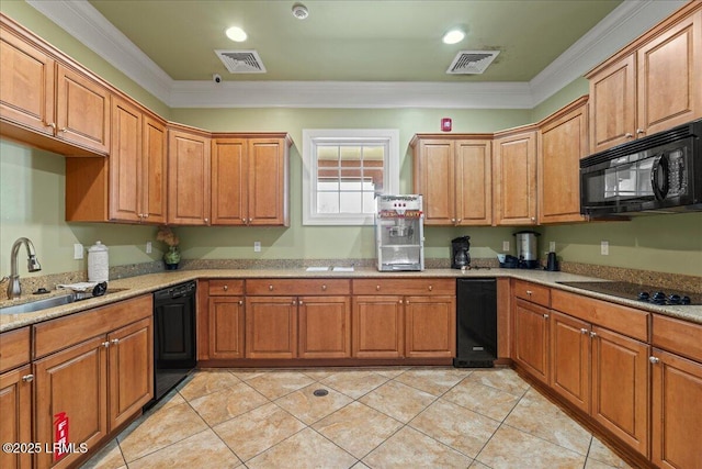 86 Slater St, Bluffton, SC 29909 - kitchen featuring black appliances, crown molding, light tile patterned floors, brown cabinets, and light stone countertops