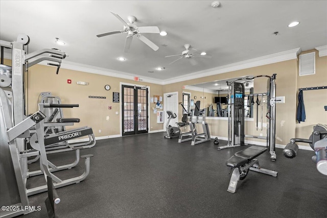 86 Slater St, Bluffton, SC 29909 - workout area featuring ornamental molding, french doors, recessed lighting, and ceiling fan