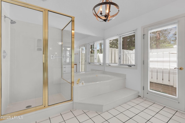 196 White Oaks Cir, Bluffton, SC 29910 - full bath with tile patterned floors, a stall shower, a garden tub, and a notable chandelier