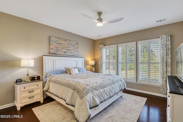 bedroom with visible vents, ceiling fan, baseboards, and dark wood-style flooring