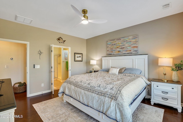 bedroom featuring visible vents, baseboards, ceiling fan, and dark wood-style flooring