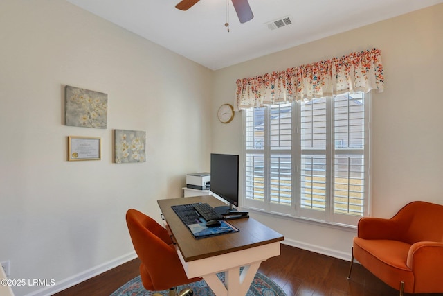 office featuring visible vents, baseboards, ceiling fan, and wood finished floors