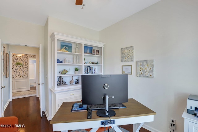 office featuring dark wood-type flooring and ceiling fan