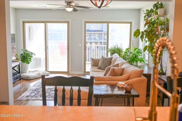 living room featuring hardwood / wood-style floors and ceiling fan