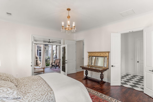 bedroom featuring dark wood-style floors, access to exterior, visible vents, ornamental molding, and baseboards