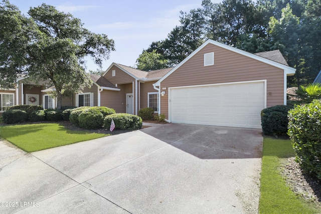 22 Purry Cir, Bluffton, SC 29909 - ranch-style house with concrete driveway, an attached garage, a front lawn, and roof with shingles