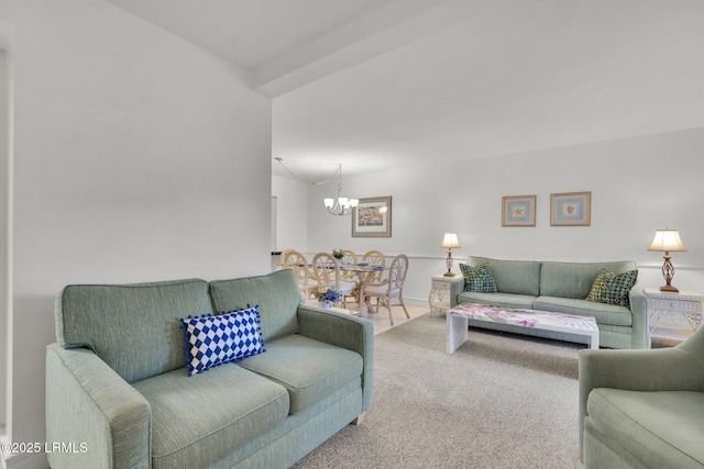 living room with carpet flooring, a chandelier, and beam ceiling