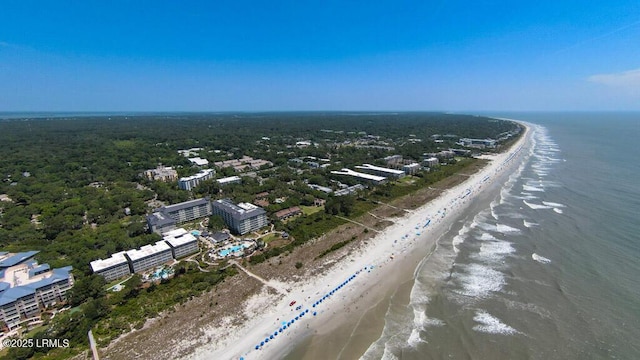 aerial view featuring a water view and a view of the beach