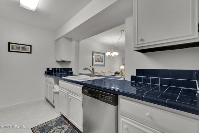 kitchen featuring white cabinets, tile countertops, sink, and dishwasher