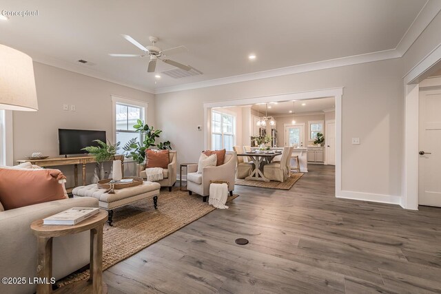 32 Faculty Dr, Beaufort, SC 29907 - living room with ornamental molding, dark hardwood / wood-style floors, and ceiling fan