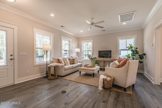32 Faculty Dr, Beaufort, SC 29907 - living room featuring crown molding, dark wood-type flooring, and ceiling fan