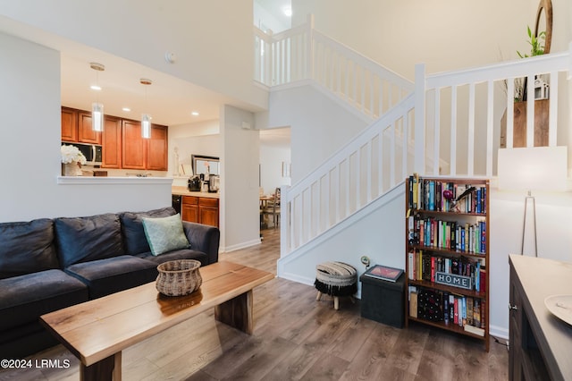 living room with dark hardwood / wood-style floors