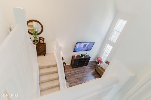 staircase with a high ceiling