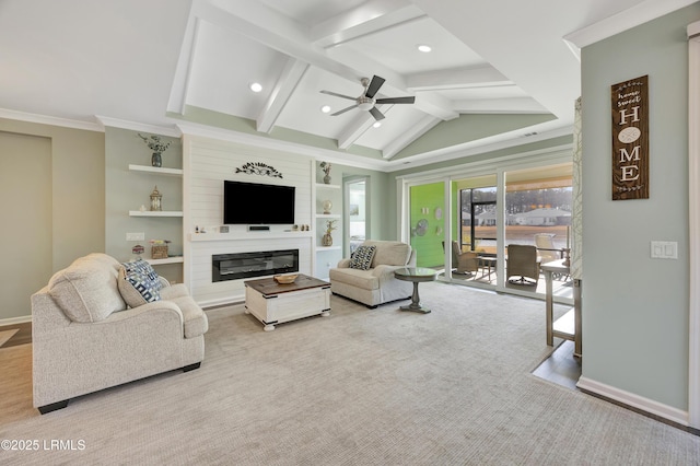 living room with crown molding, ceiling fan, lofted ceiling with beams, built in shelves, and light colored carpet