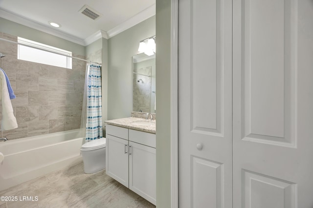 full bathroom featuring ornamental molding, vanity, toilet, and shower / bath combo with shower curtain