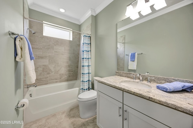 full bathroom with crown molding, toilet, shower / tub combo, and vanity