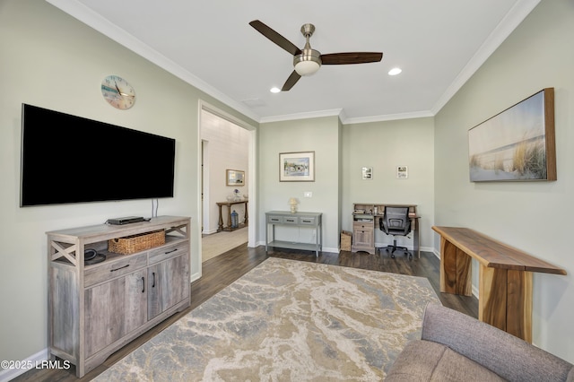 living room featuring crown molding, ceiling fan, and dark hardwood / wood-style floors