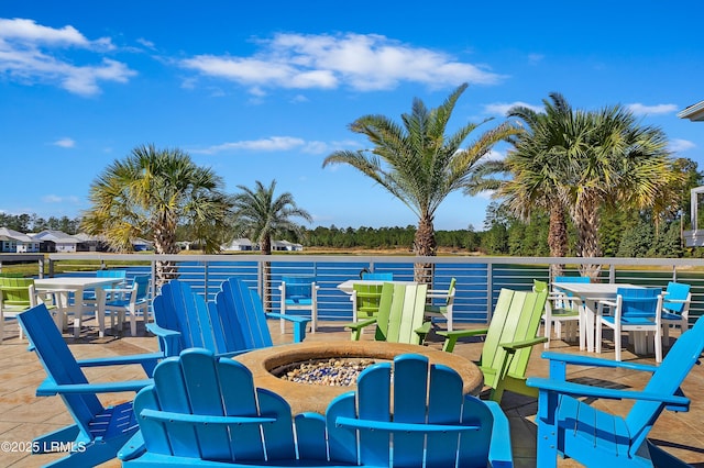 view of swimming pool with a water view and an outdoor fire pit