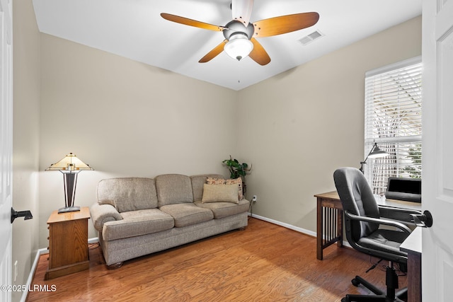 office area featuring ceiling fan and wood-type flooring