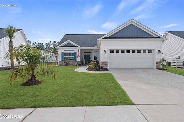 view of front of property with a garage, concrete driveway, stone siding, board and batten siding, and a front yard