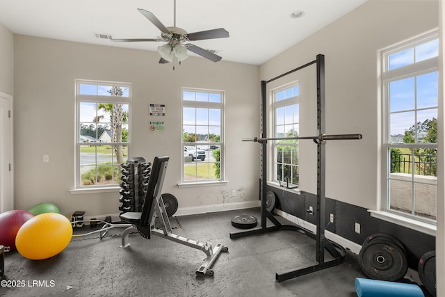 exercise area featuring baseboards, visible vents, and a ceiling fan