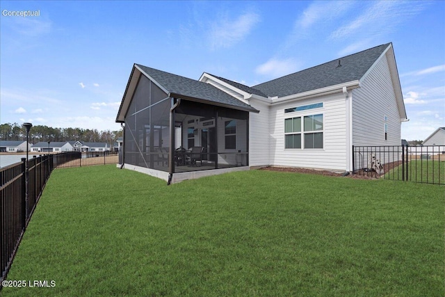 rear view of property with a yard, a fenced backyard, and a sunroom