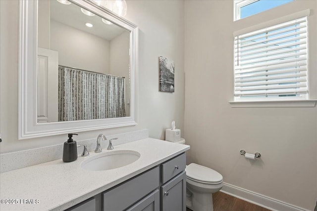 bathroom with vanity, wood-type flooring, curtained shower, and toilet