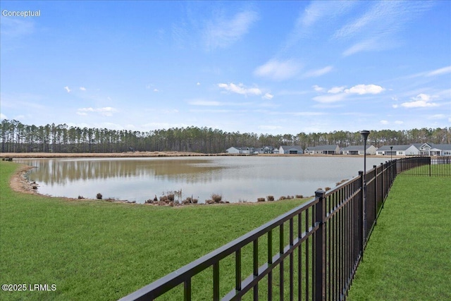 property view of water featuring fence