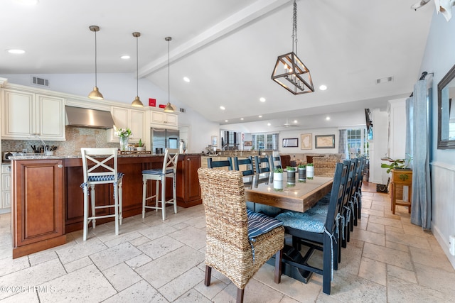 dining area with lofted ceiling with beams, visible vents, stone tile flooring, and recessed lighting