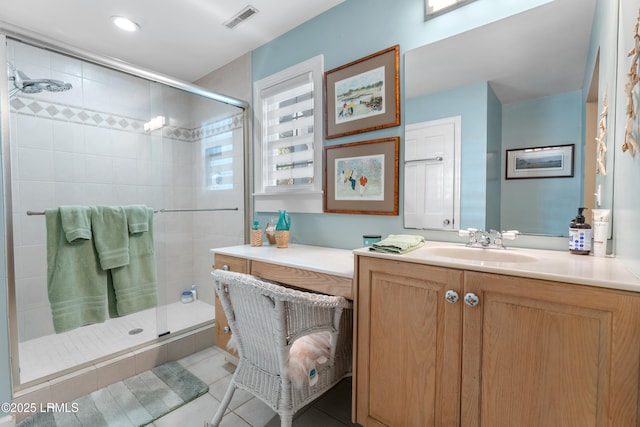 bathroom with a stall shower, tile patterned flooring, visible vents, and vanity