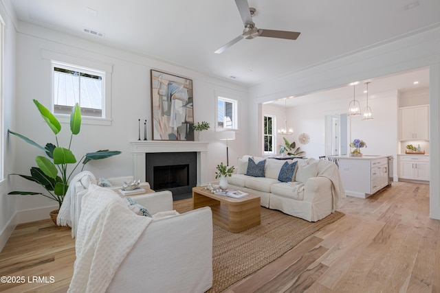 420 Waight St, Beaufort, SC 29902 - living room with light wood-style floors, plenty of natural light, a fireplace, and a ceiling fan