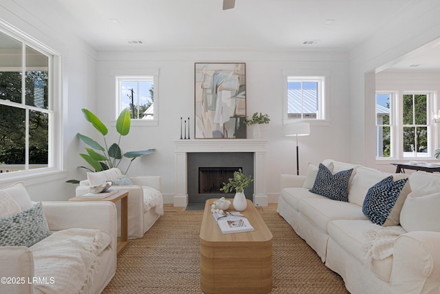 420 Waight St, Beaufort, SC 29902 - living area featuring a fireplace with flush hearth and a ceiling fan
