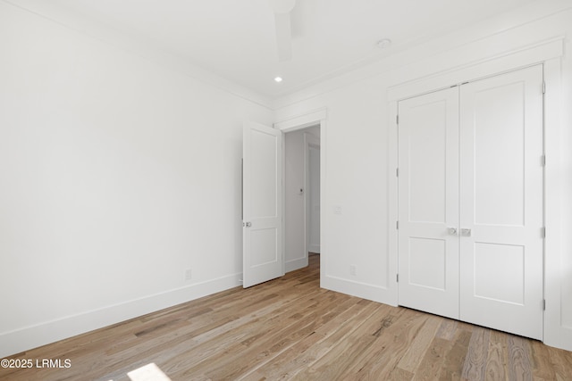 420 Waight St, Beaufort, SC 29902 - unfurnished bedroom with light wood finished floors, a closet, recessed lighting, and ceiling fan