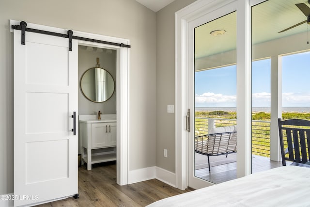 bedroom featuring access to outside, wood finished floors, a sink, baseboards, and a barn door