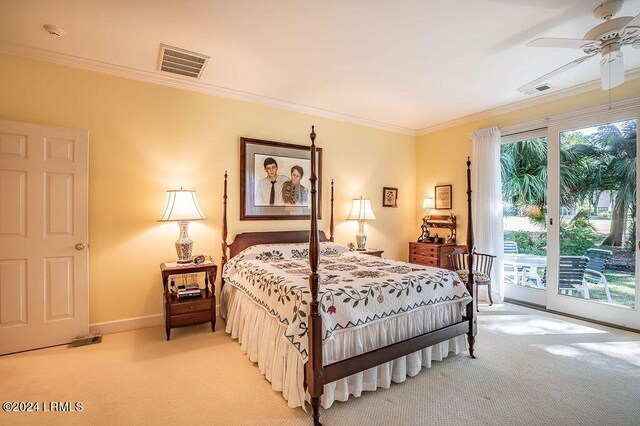 bedroom with light carpet, access to exterior, ornamental molding, and ceiling fan