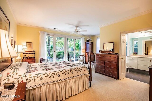 bedroom featuring ornamental molding, carpet, access to outside, and ceiling fan