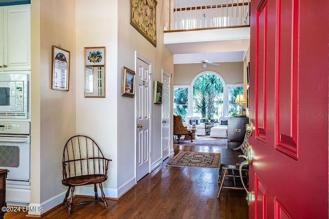 foyer featuring a towering ceiling, dark hardwood / wood-style floors, and ceiling fan