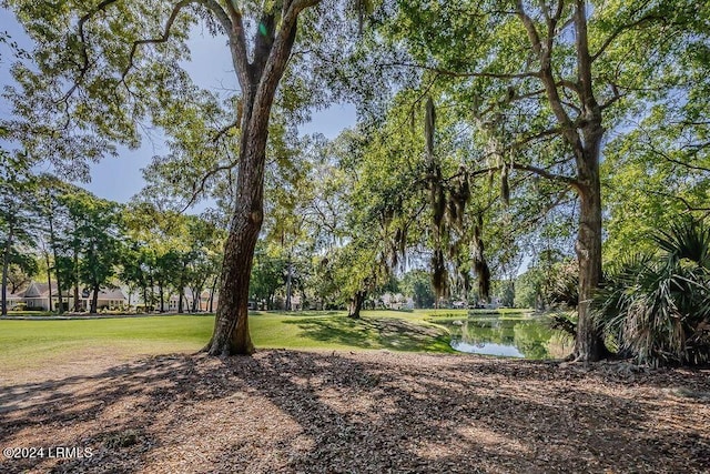 surrounding community featuring a lawn and a water view