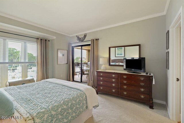 13 Harbourside Ln Unit 7155, Hilton Head Island, SC 29928 - bedroom featuring light colored carpet, crown molding, access to outside, and multiple windows