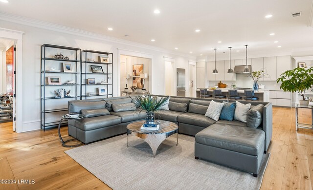 living room featuring crown molding and light hardwood / wood-style flooring