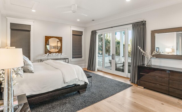 bedroom featuring french doors, access to outside, ornamental molding, ceiling fan, and light hardwood / wood-style floors