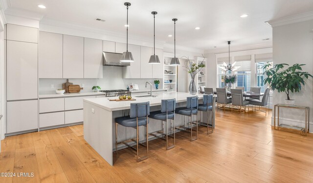 kitchen featuring pendant lighting, sink, a breakfast bar area, white cabinets, and a center island with sink