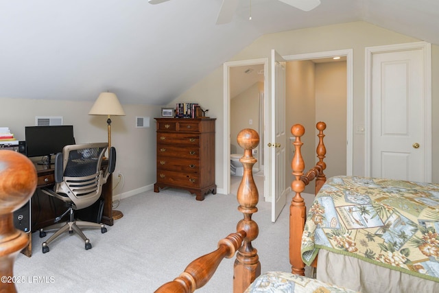 interior space featuring ceiling fan, lofted ceiling, and carpet flooring