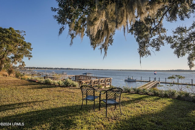 view of yard with a water view and a boat dock