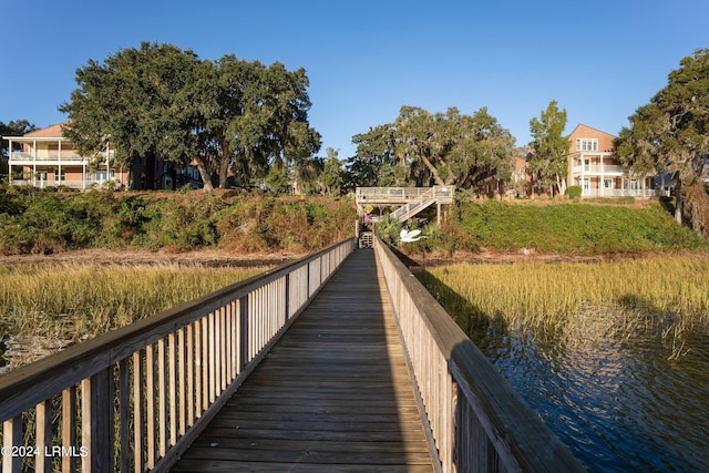 view of dock with a water view