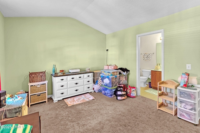 playroom featuring vaulted ceiling, carpet flooring, and a textured ceiling